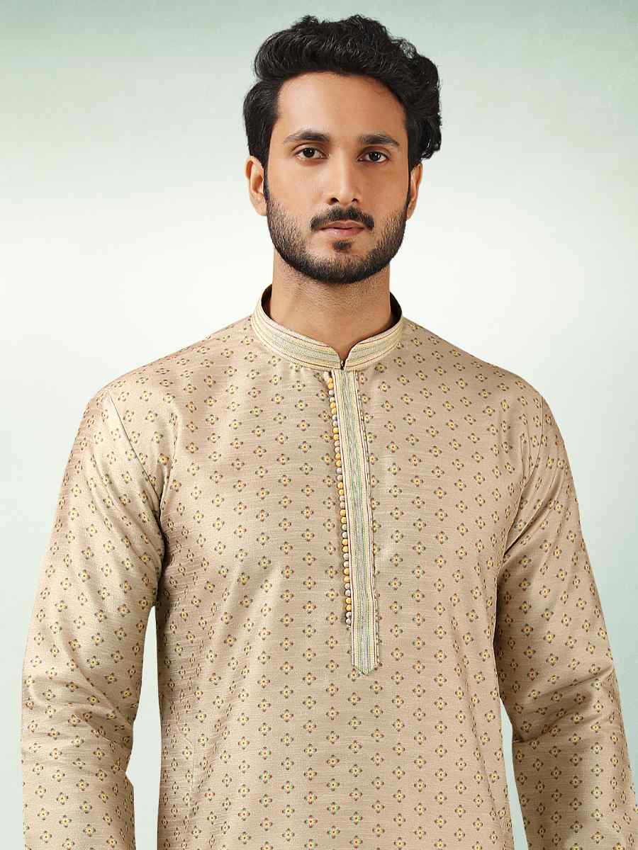 Beige Art Silk Printed Festival Kurta