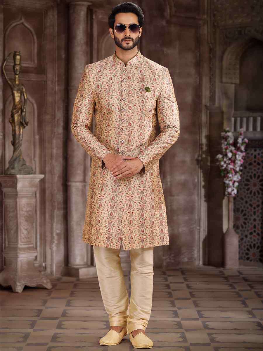 Beige Art Silk Woven Wedding Party Sherwani