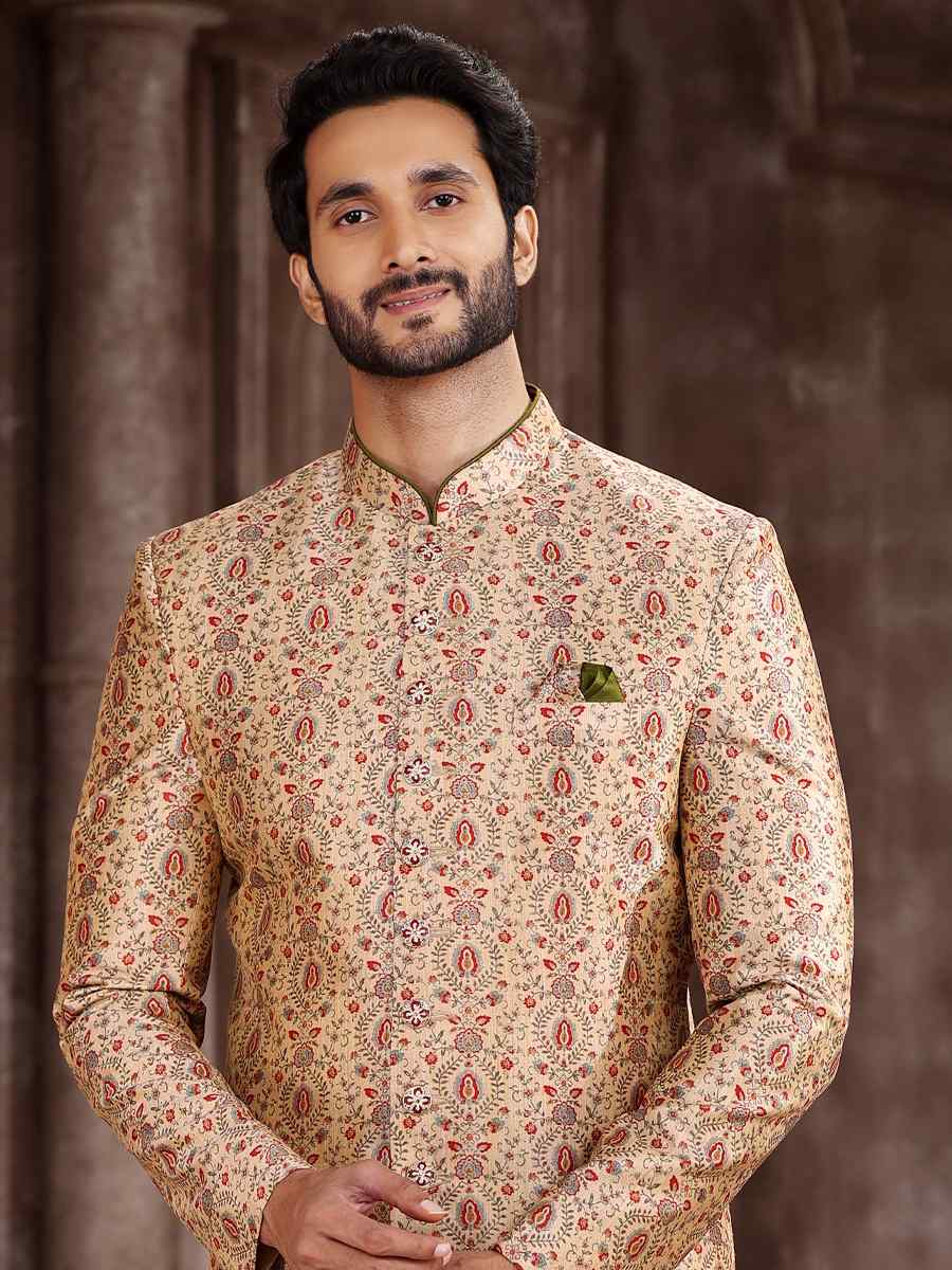 Beige Art Silk Woven Wedding Party Sherwani
