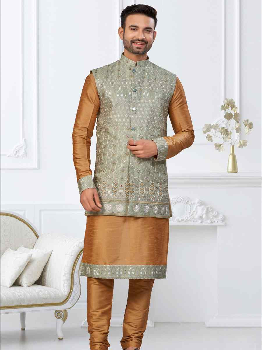 Beige Banarasi Jackard Embroidery Festival Wedding Party Mens Kurta with Jacket