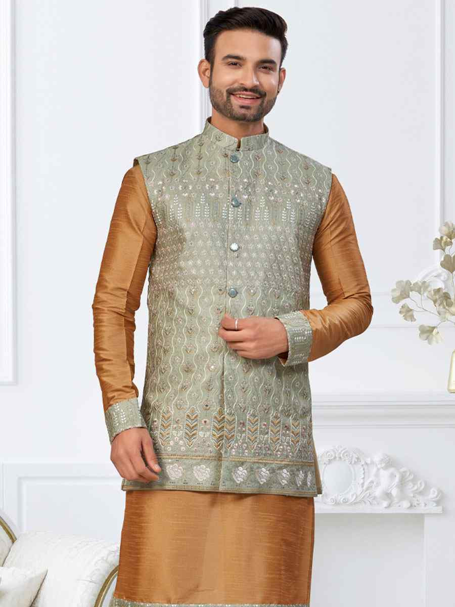 Beige Banarasi Jackard Embroidery Festival Wedding Party Mens Kurta with Jacket