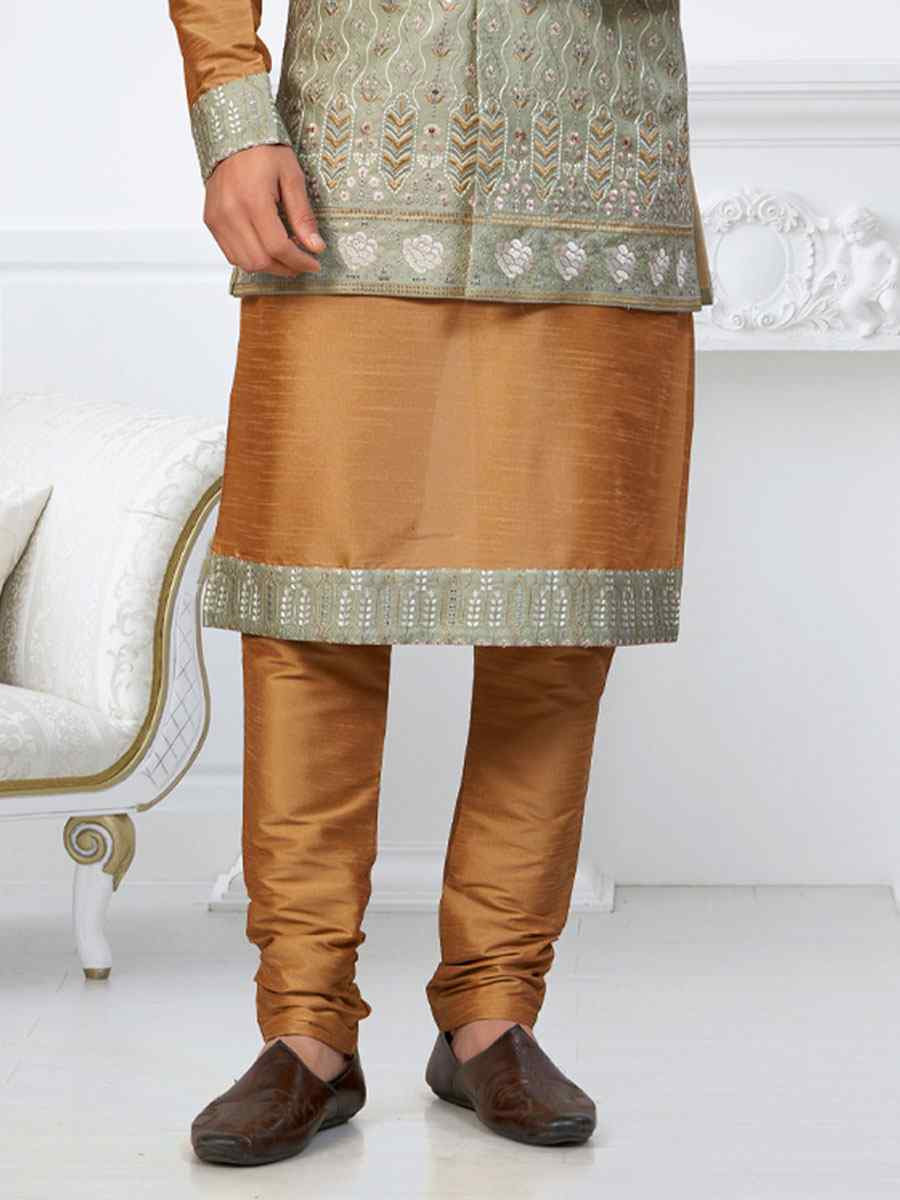 Beige Banarasi Jackard Embroidery Festival Wedding Party Mens Kurta with Jacket