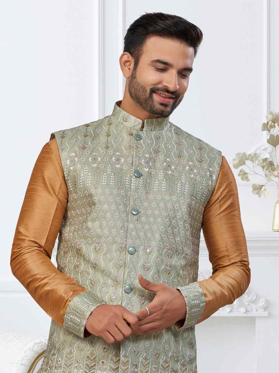 Beige Banarasi Jackard Embroidery Festival Wedding Party Mens Kurta with Jacket