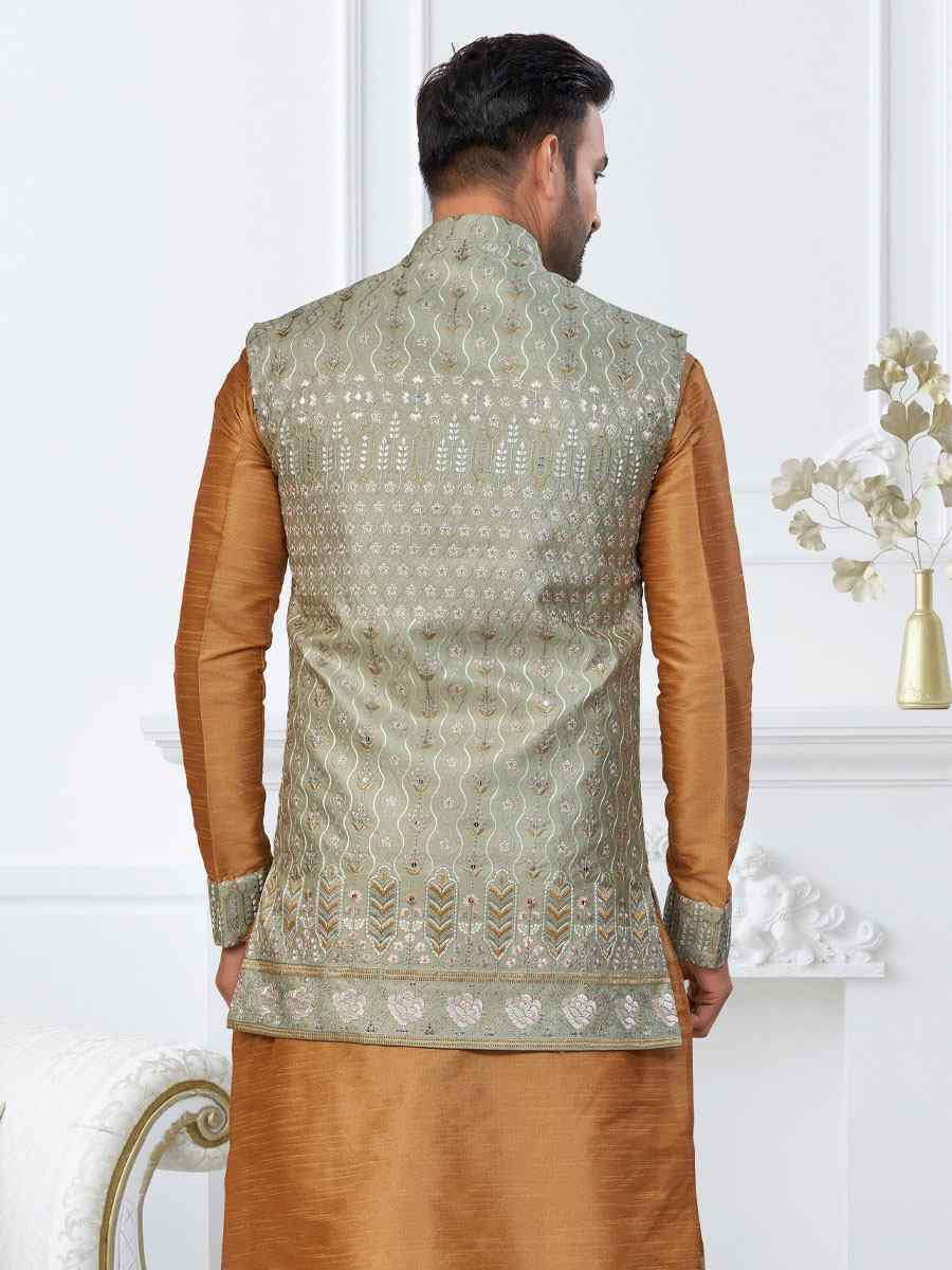 Beige Banarasi Jackard Embroidery Festival Wedding Party Mens Kurta with Jacket