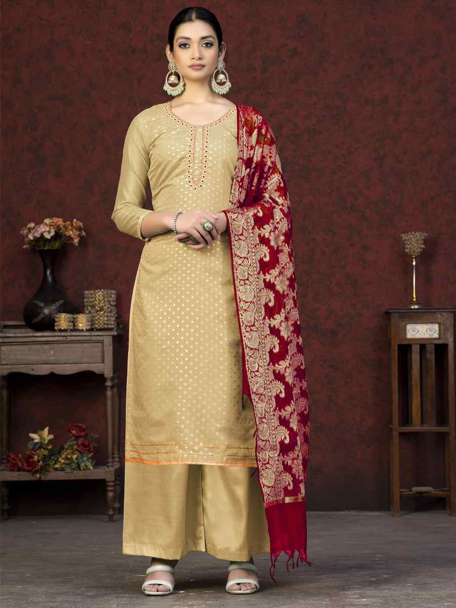 Beige Banarasi Jacquard Embroidered Casual Festival Pant Salwar Kameez