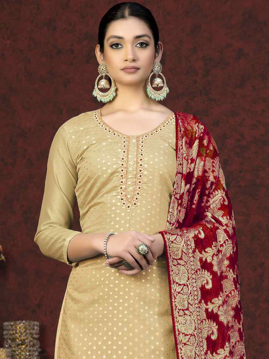 Beige Banarasi Jacquard Embroidered Casual Festival Pant Salwar Kameez