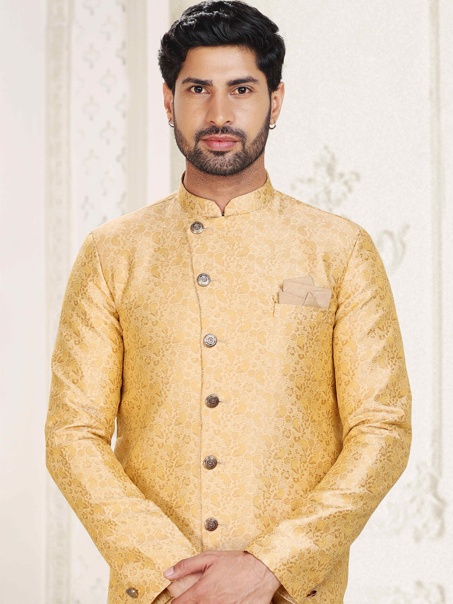 Beige Banarasi Jacquard Woven Wedding Party Sherwani