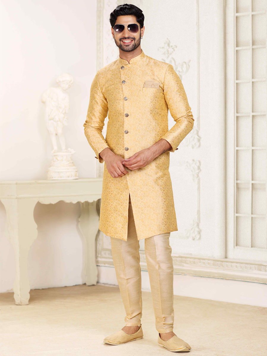 Beige Banarasi Jacquard Woven Wedding Party Sherwani