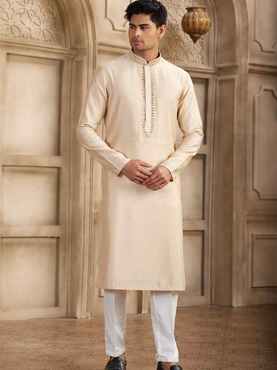Beige Banarasi Silk Embroidered Festival Party Kurta