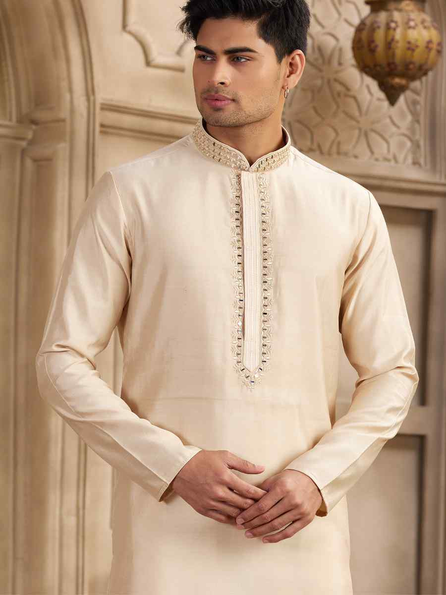 Beige Banarasi Silk Embroidered Festival Party Kurta