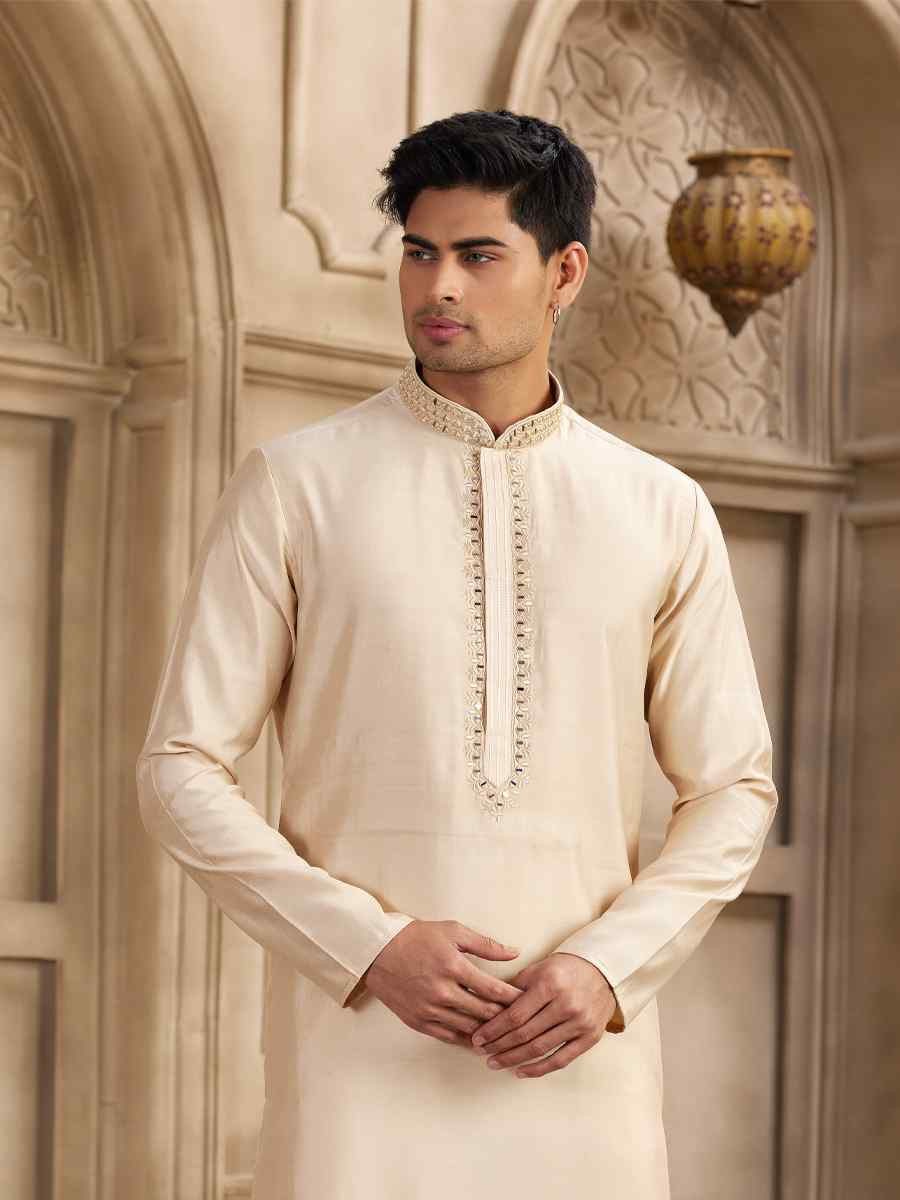 Beige Banarasi Silk Embroidered Festival Party Kurta