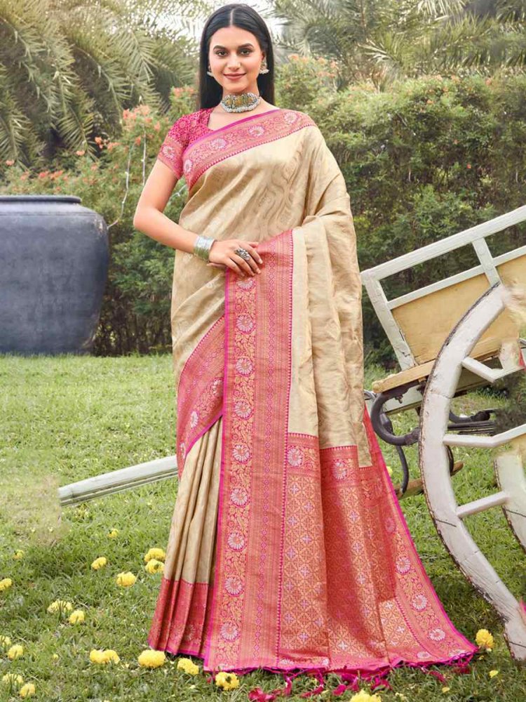 Beige Banarasi Silk Handwoven Wedding Festival Heavy Border Saree