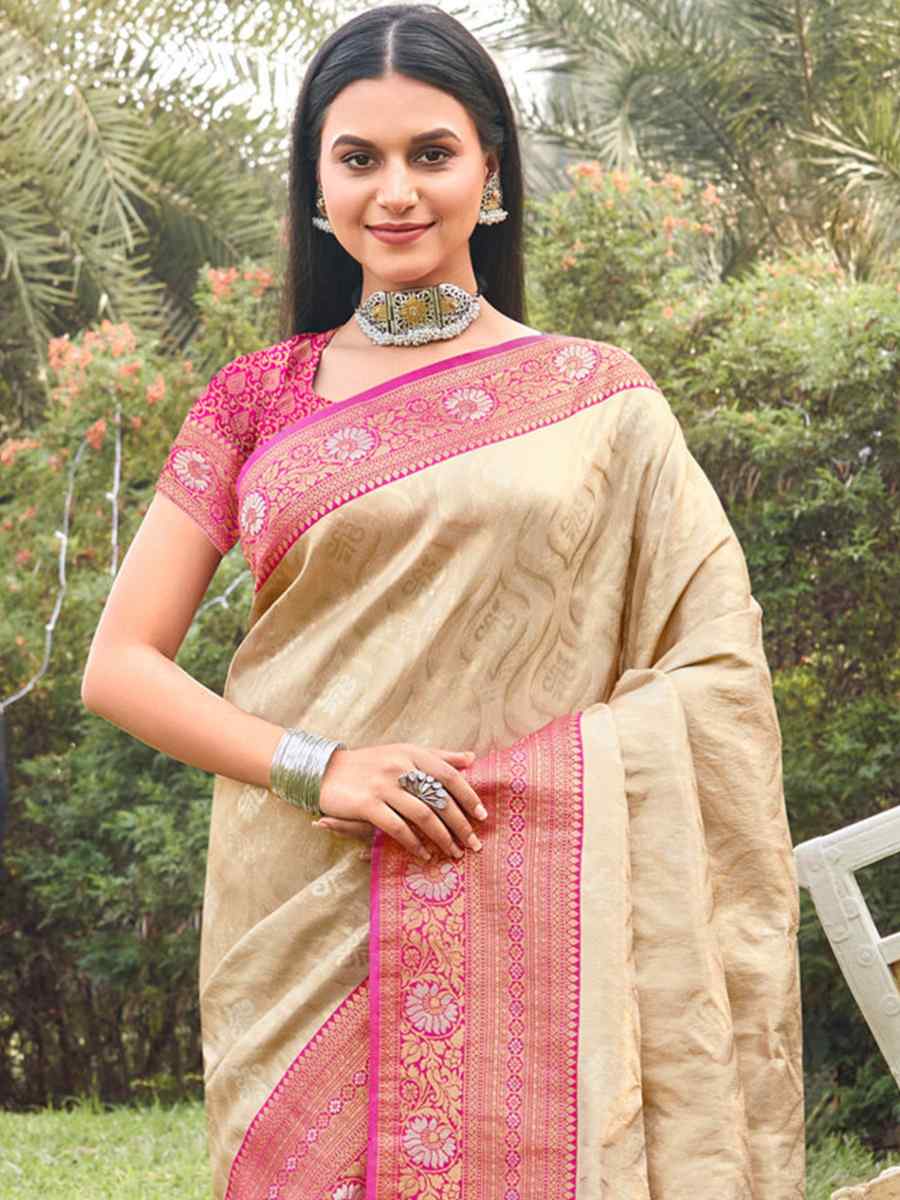 Beige Banarasi Silk Handwoven Wedding Festival Heavy Border Saree