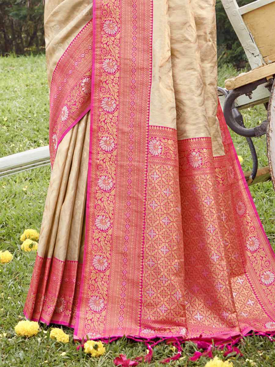 Beige Banarasi Silk Handwoven Wedding Festival Heavy Border Saree