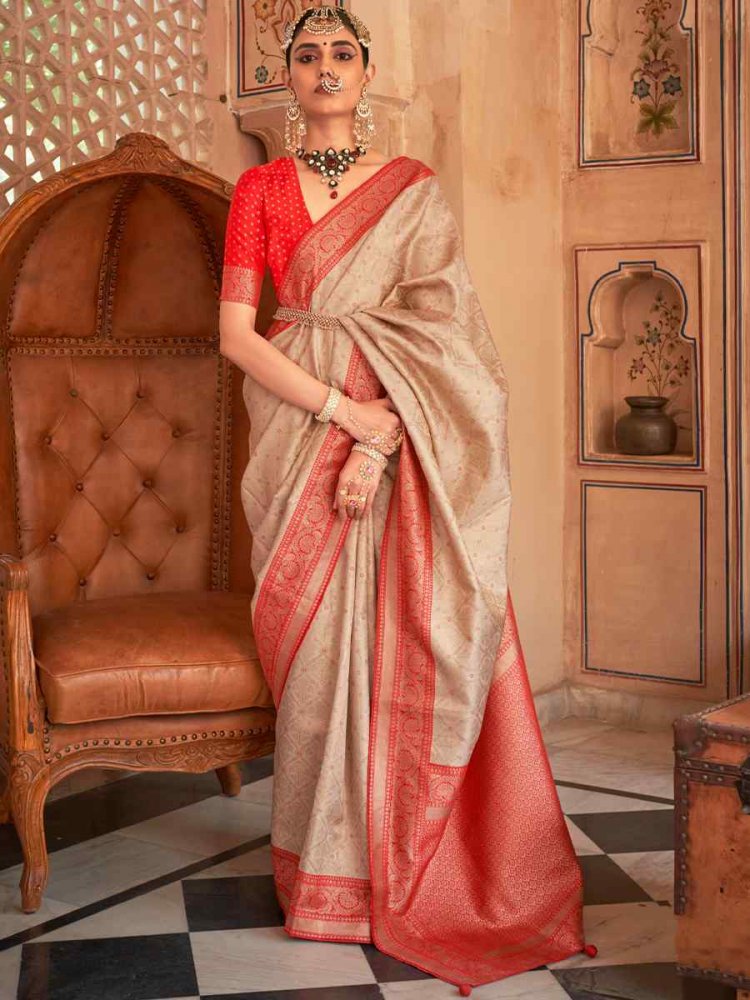 Beige Banarasi Silk Handwoven Wedding Festival Heavy Border Saree