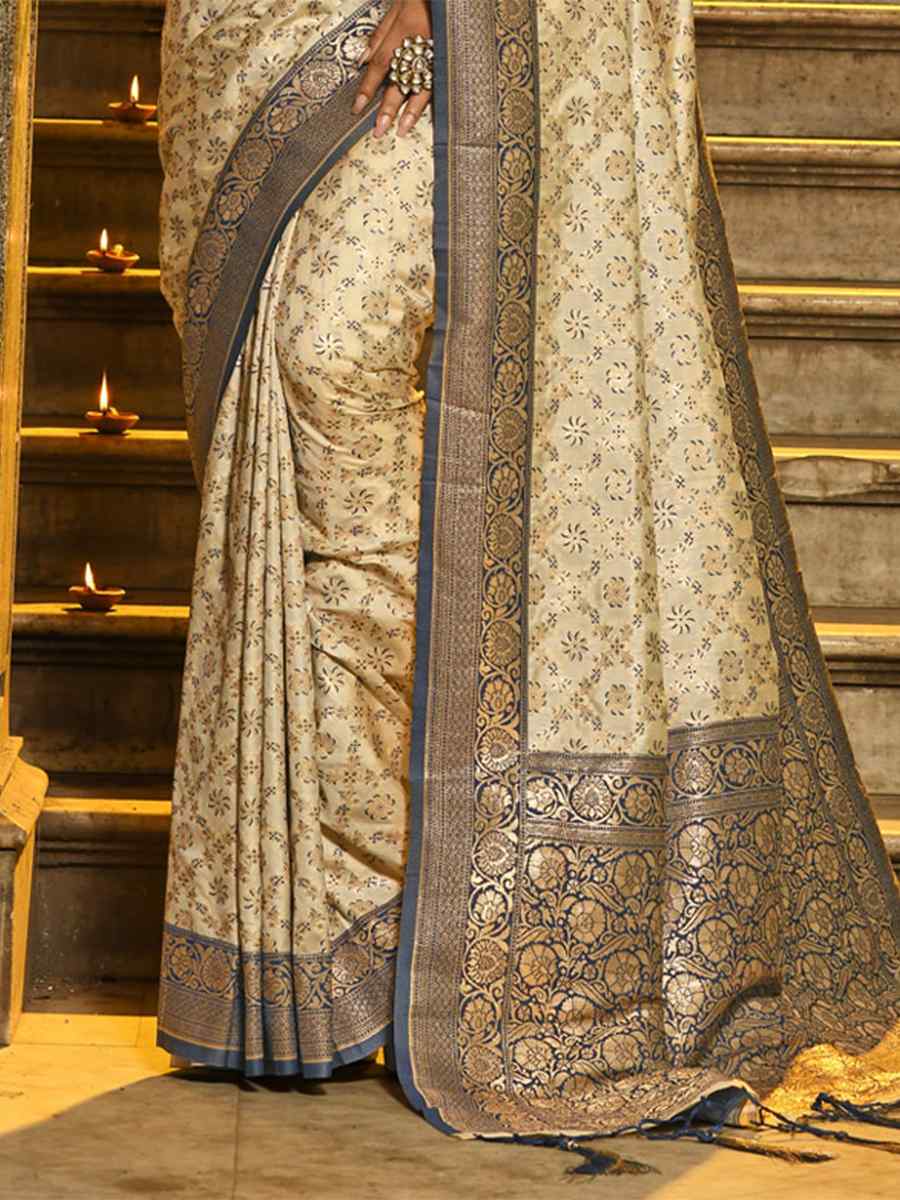 Beige Banarasi Silk Handwoven Wedding Festival Heavy Border Saree