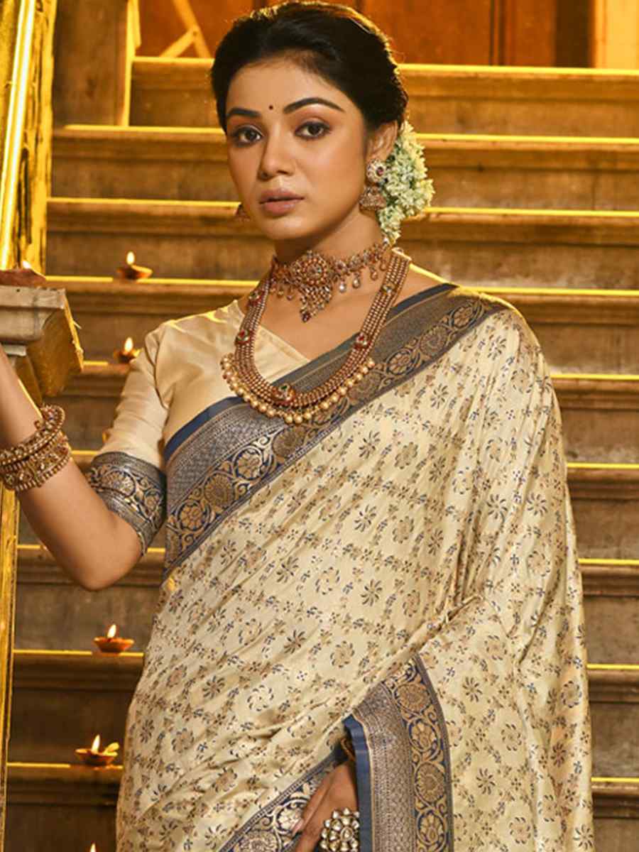 Beige Banarasi Silk Handwoven Wedding Festival Heavy Border Saree