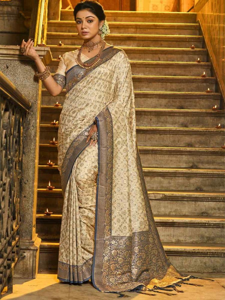 Beige Banarasi Silk Handwoven Wedding Festival Heavy Border Saree