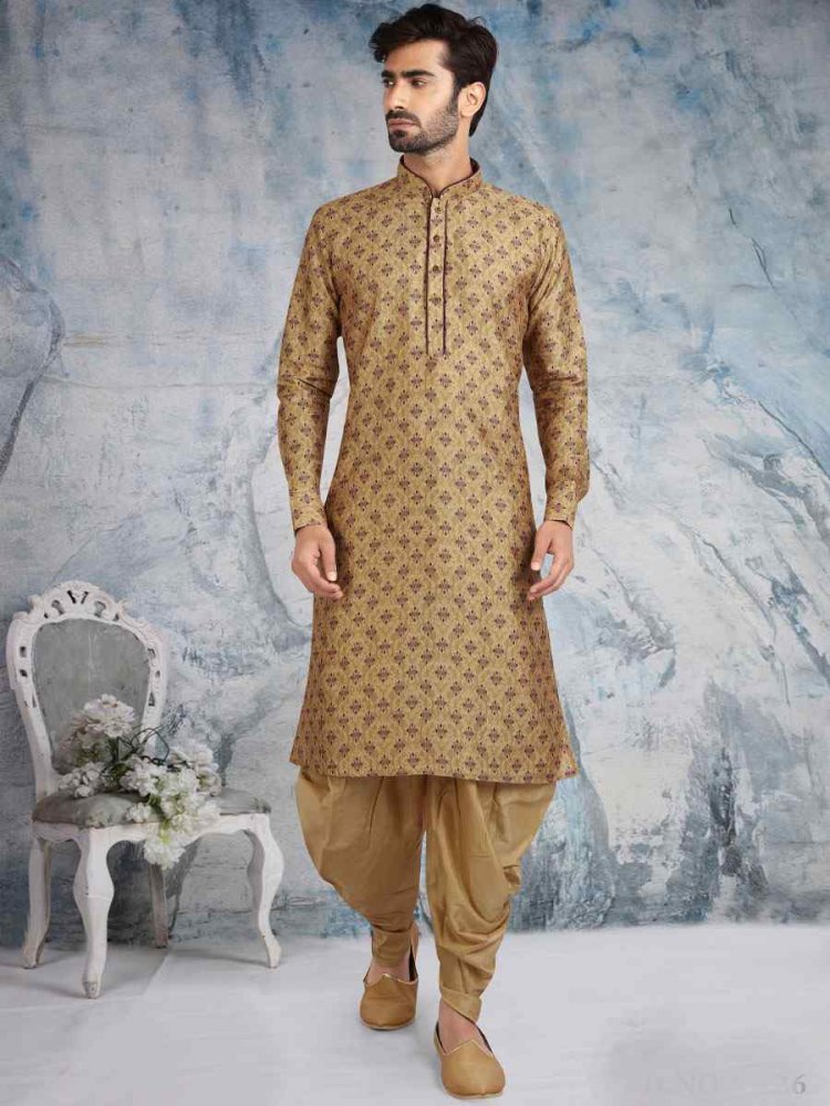 Beige Banarasi Silk Printed Festival Wedding Kurta