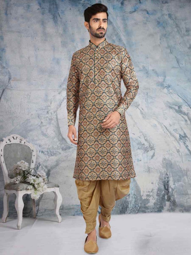 Beige Banarasi Silk Printed Festival Wedding Kurta