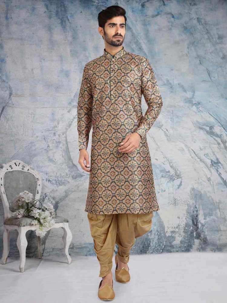 Beige Banarasi Silk Printed Plain Festival Party Kurta