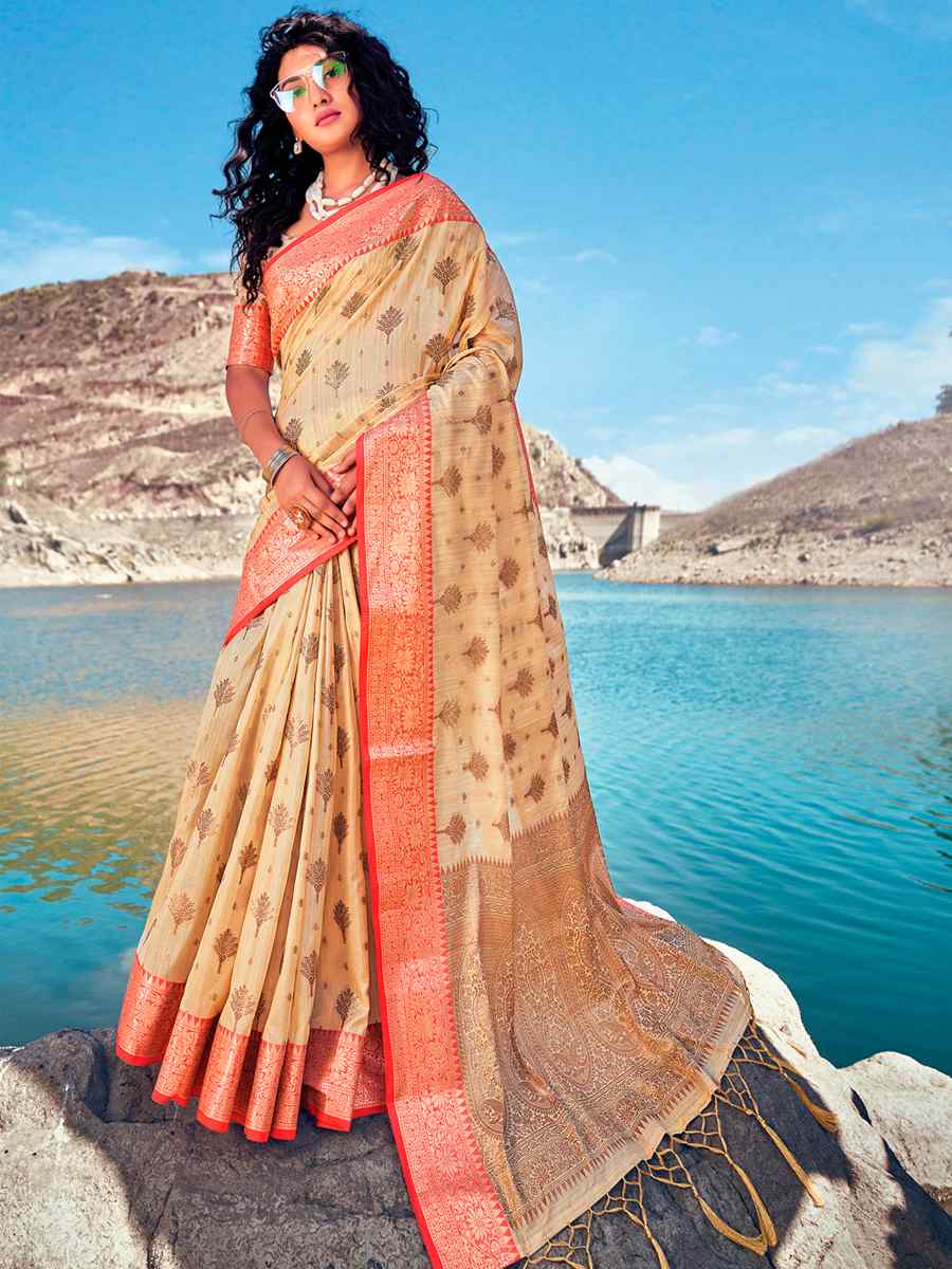 Beige Banarasi Silk Traditional Party Festival Heavy Border Saree