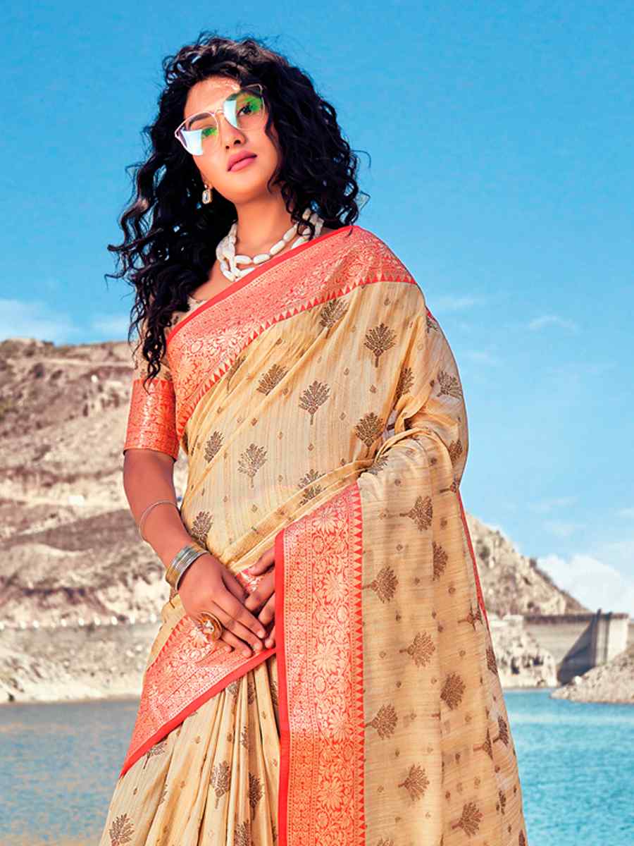 Beige Banarasi Silk Traditional Party Festival Heavy Border Saree