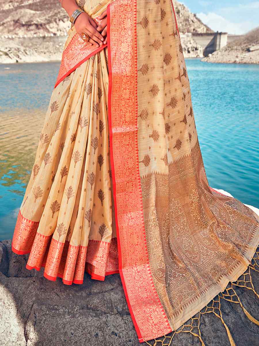 Beige Banarasi Silk Traditional Party Festival Heavy Border Saree