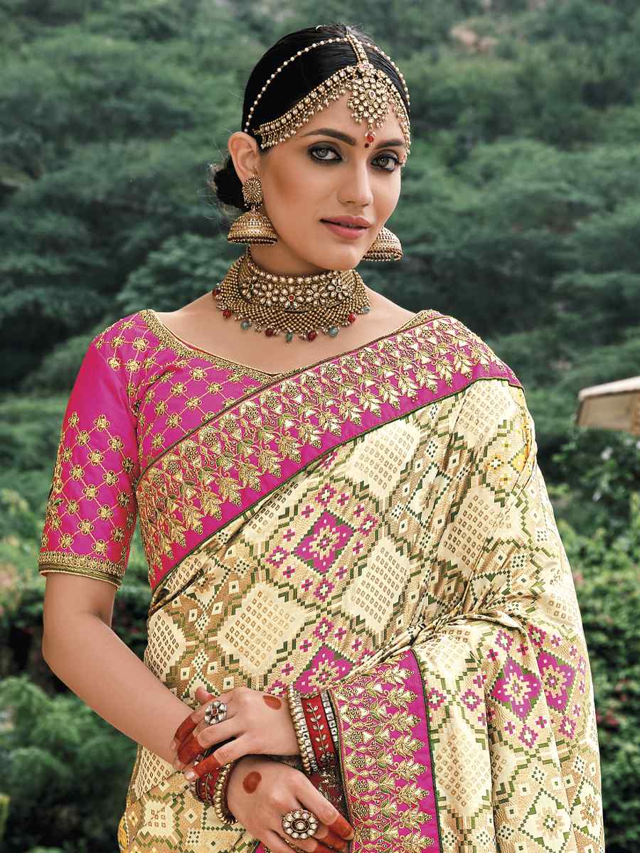 Beige Bandhej Patola Pure Silk Embroidered Wedding Festival Heavy Border Saree
