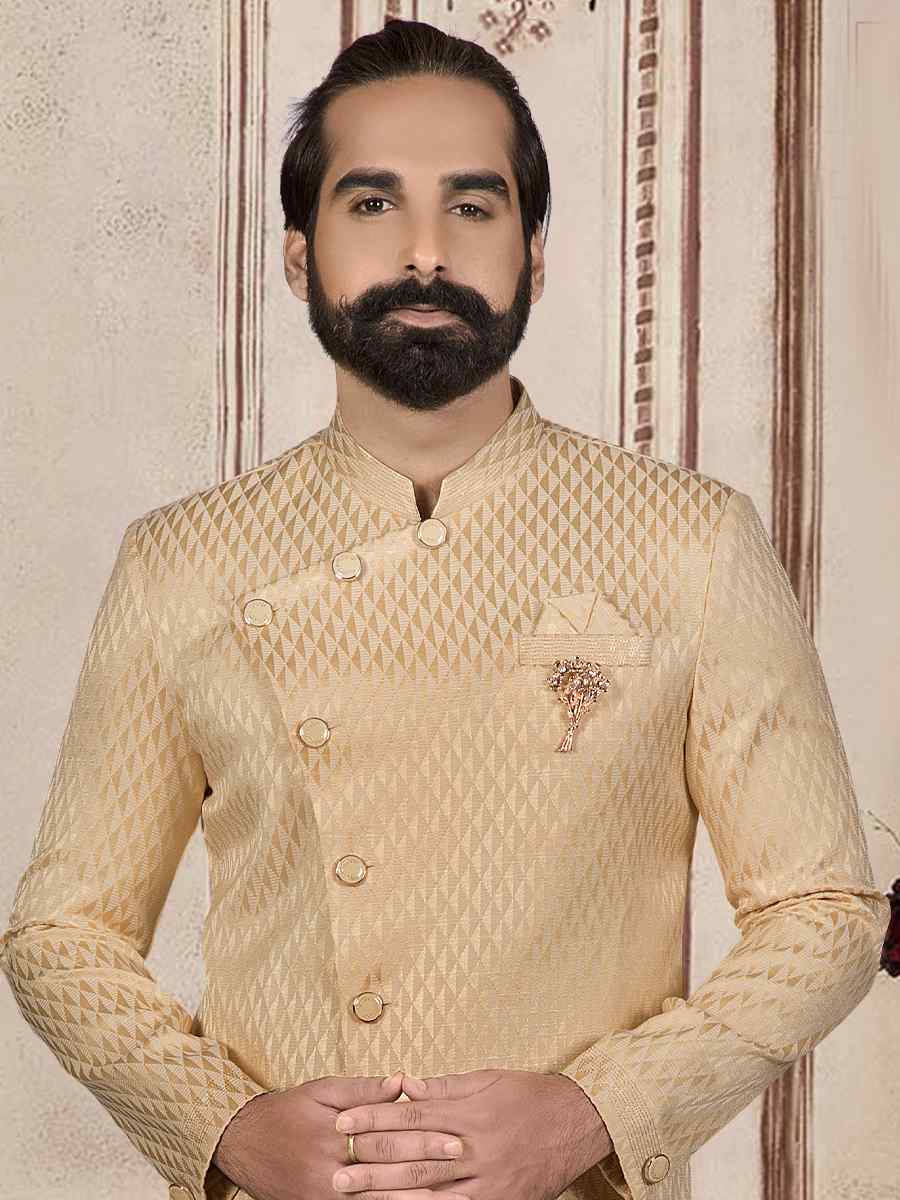 Beige Brocade Woven Festival Wedding Sherwani Kurta