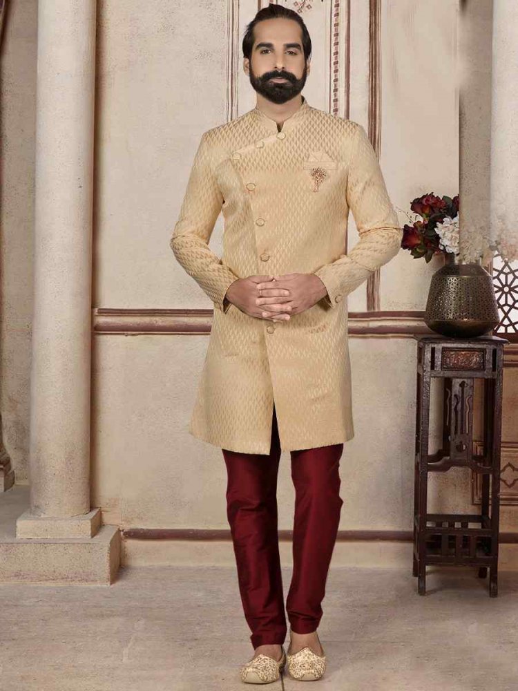 Beige Brocade Woven Festival Wedding Sherwani Kurta