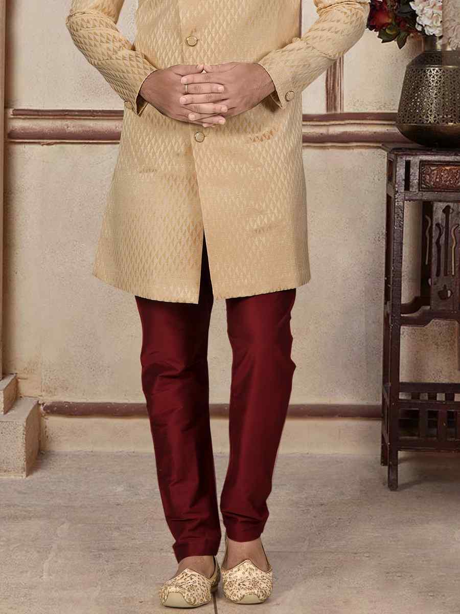 Beige Brocade Woven Festival Wedding Sherwani Kurta