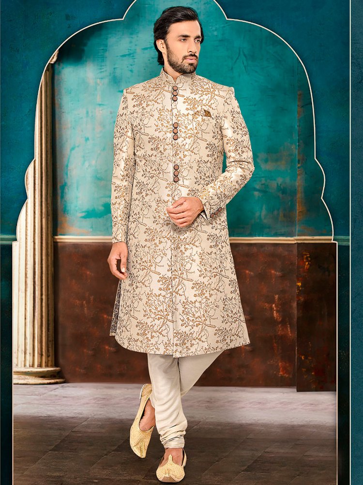 Beige Brown Brocade Printed Party Sherwani