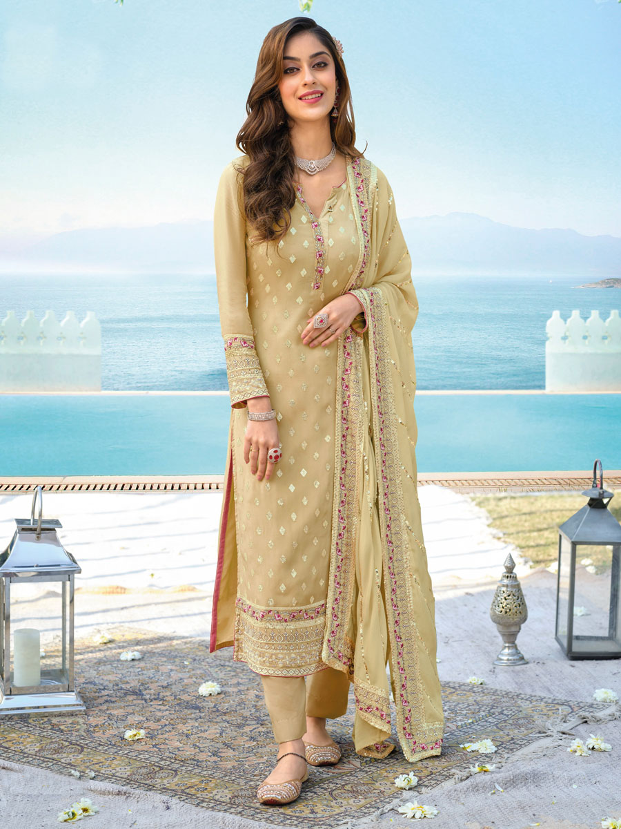 Beige Brown Chinon Georgette Embroidered Party Palazzo Pant Kameez