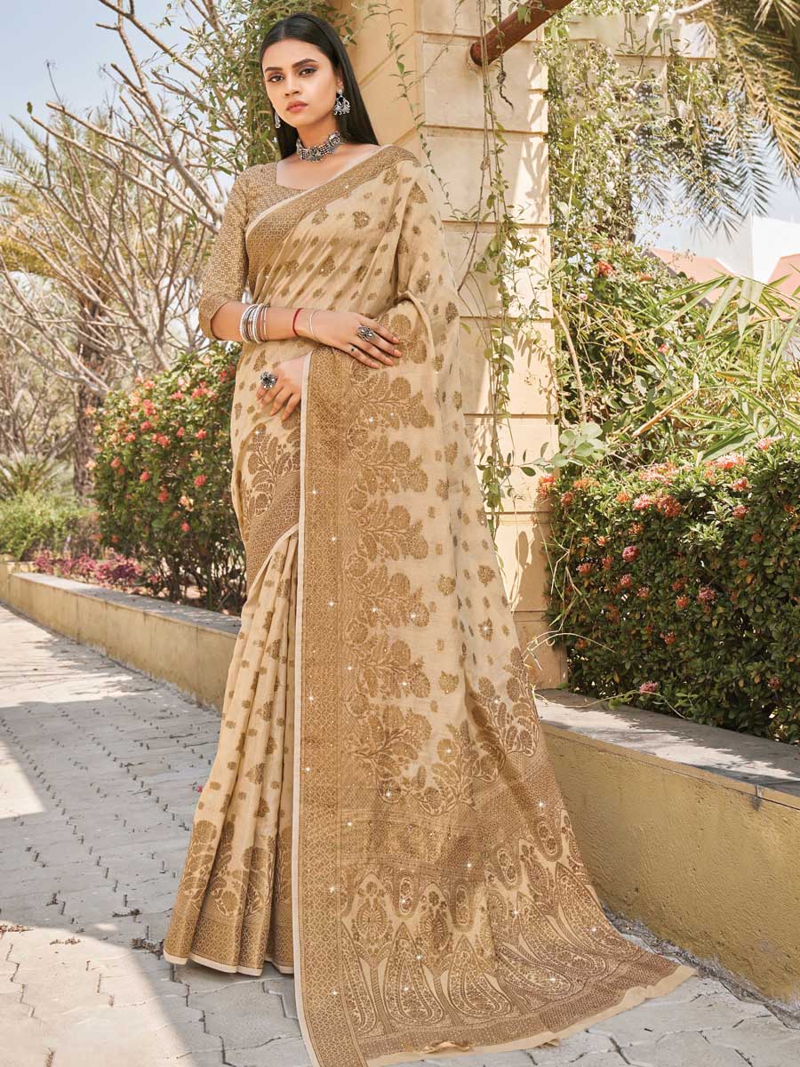 Beige Brown Cotton Handwoven Party Saree