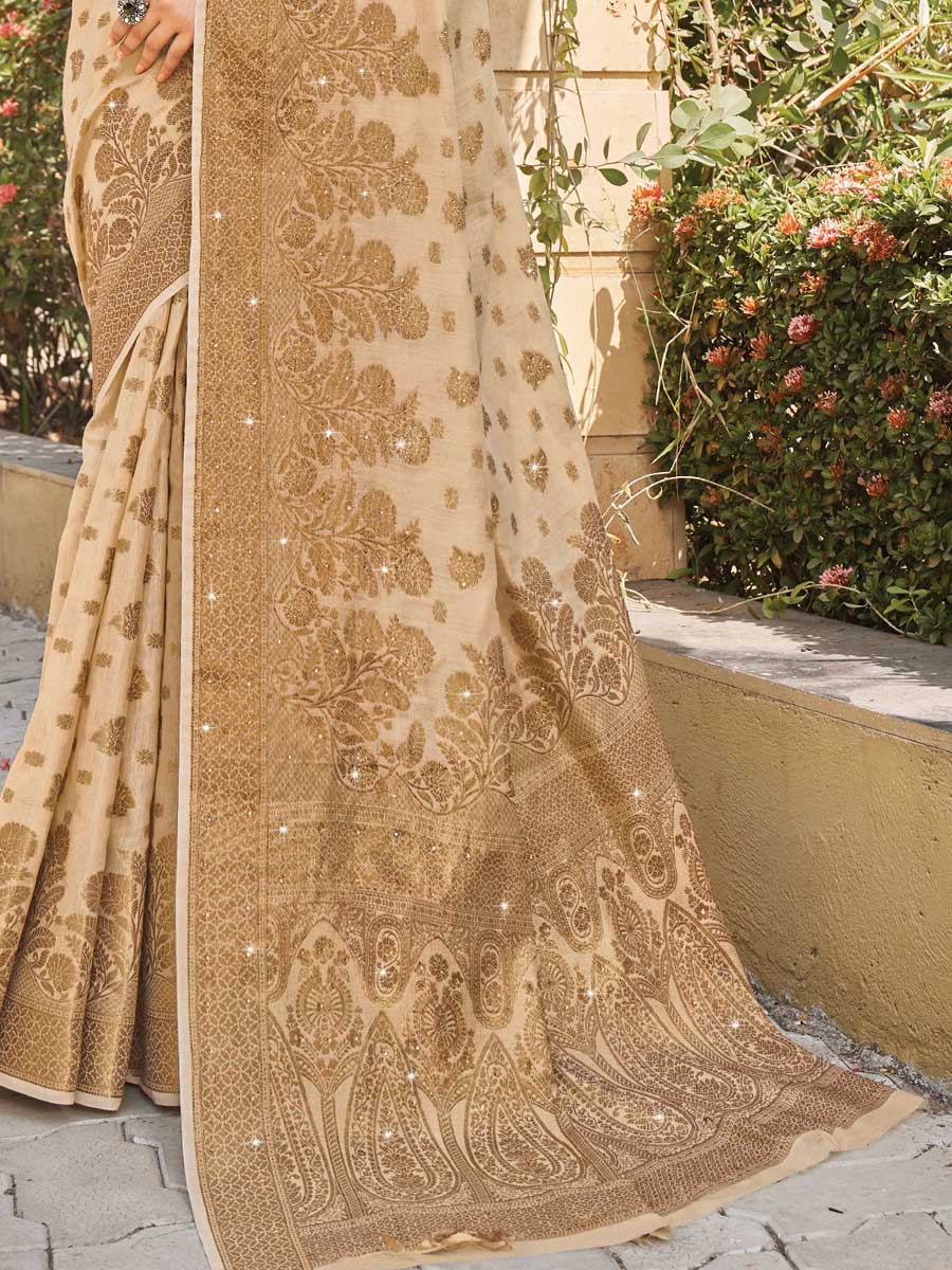 Beige Brown Cotton Handwoven Party Saree
