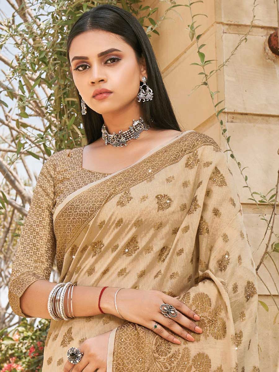 Beige Brown Cotton Handwoven Party Saree