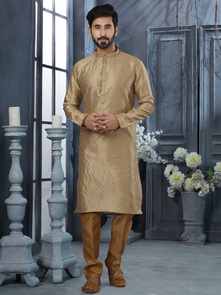 Beige Brown Jacquard Embroidered Festival Kurta Set
