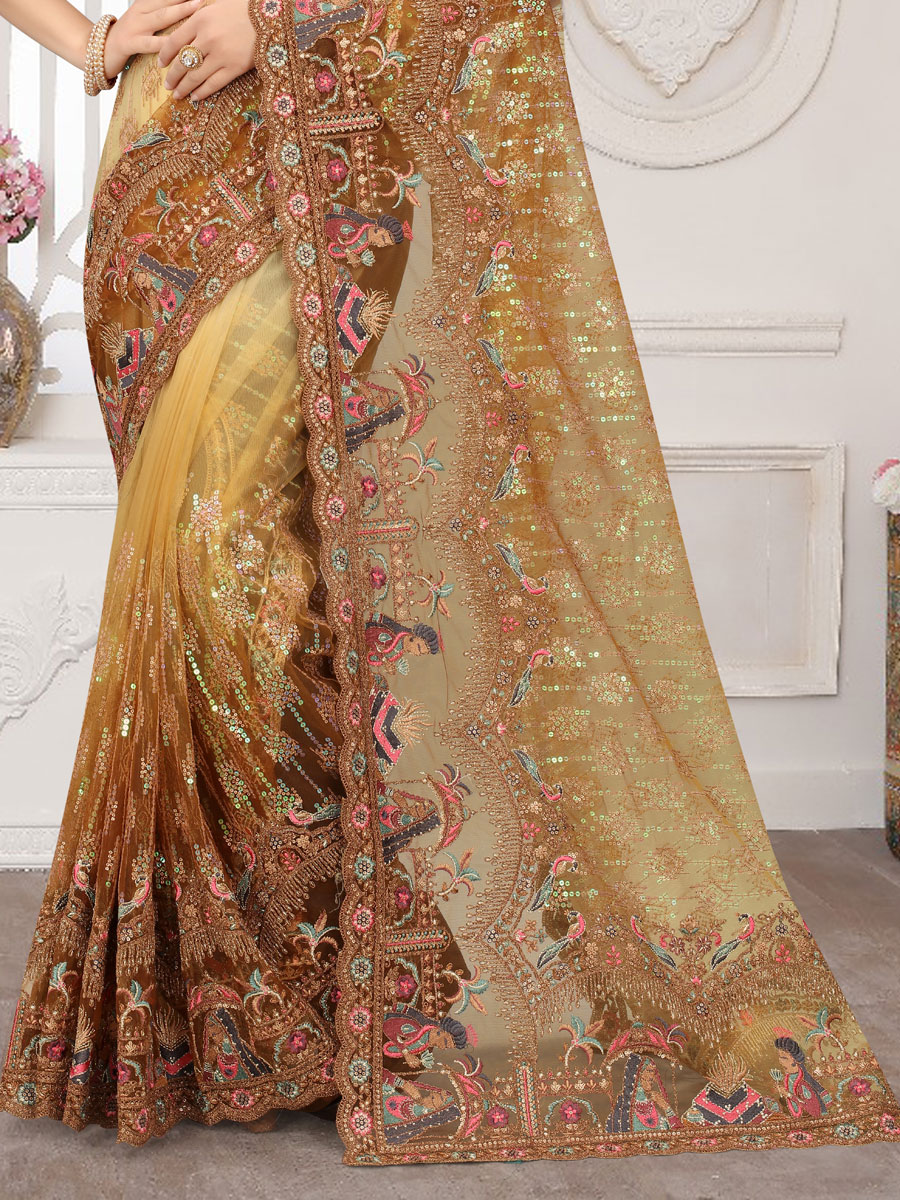 Beige Brown Net Embroidered Party Saree