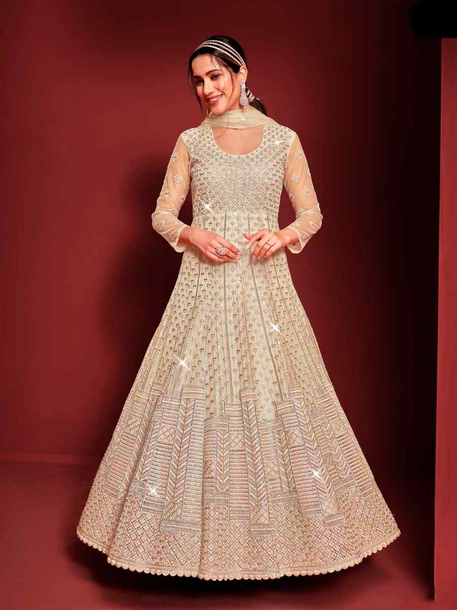 Beige Buterfly Net Embroidered Wedding Festival Anarkali Salwar Kameez