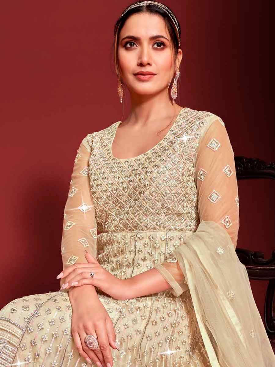 Beige Buterfly Net Embroidered Wedding Festival Anarkali Salwar Kameez
