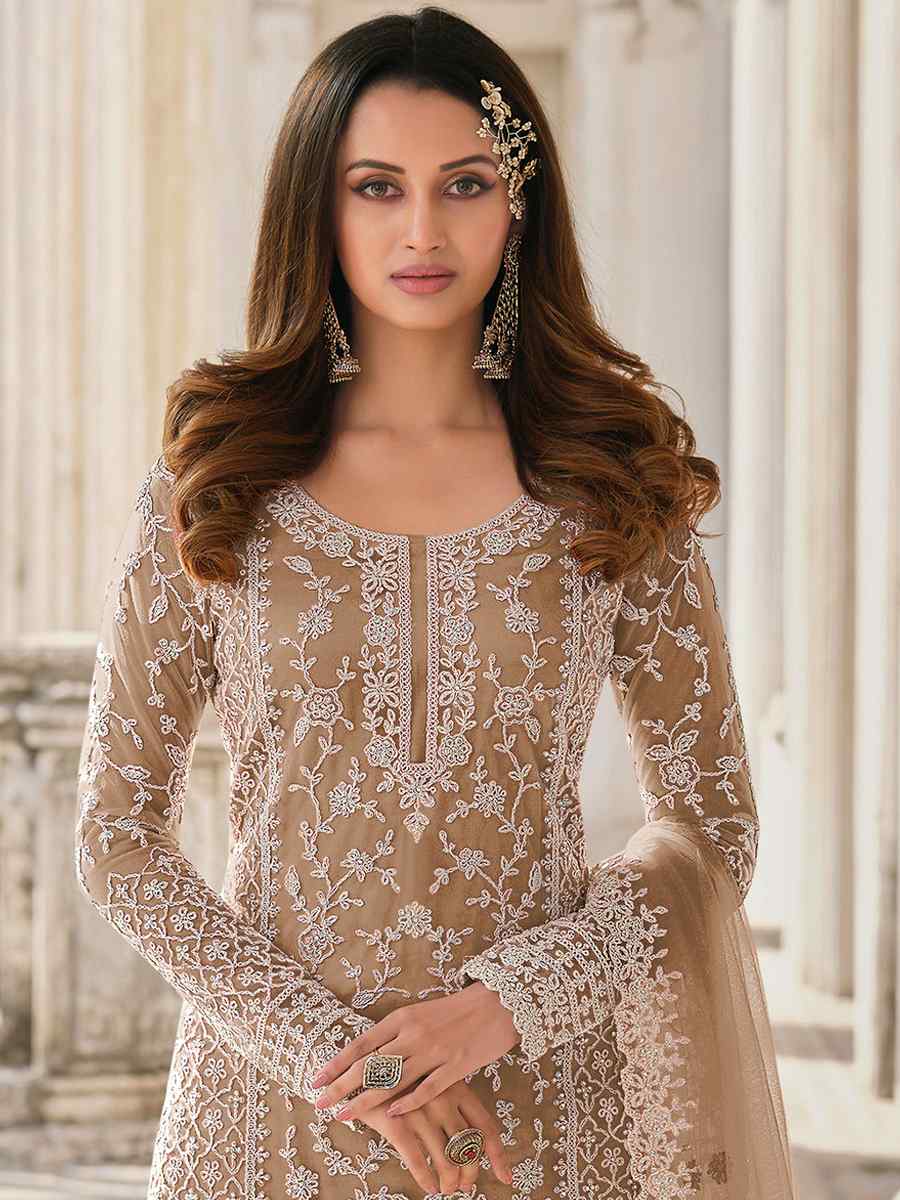 Beige Buterfly Net Embroidered Wedding Festival Pant Salwar Kameez