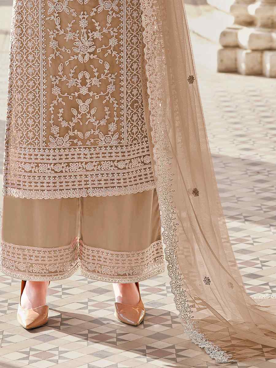 Beige Buterfly Net Embroidered Wedding Festival Pant Salwar Kameez