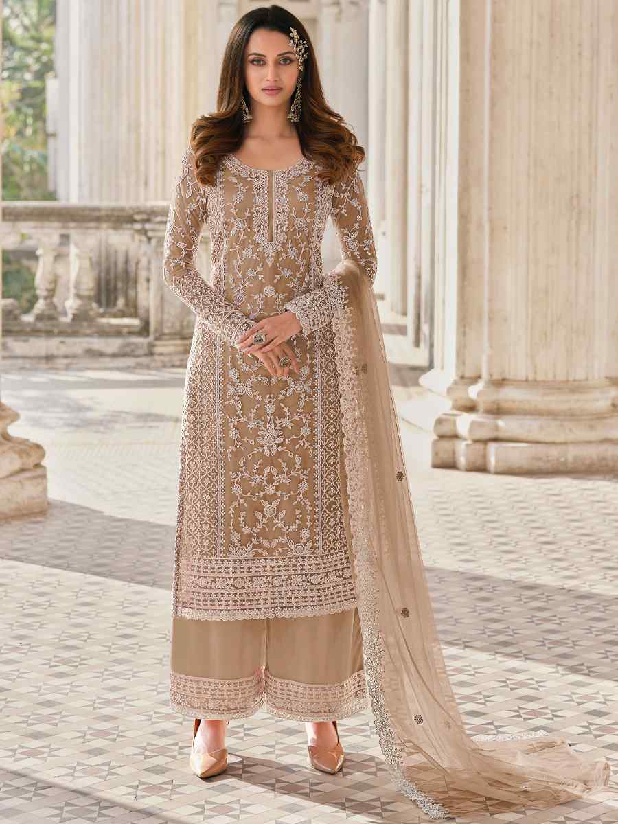 Beige Buterfly Net Embroidered Wedding Festival Pant Salwar Kameez