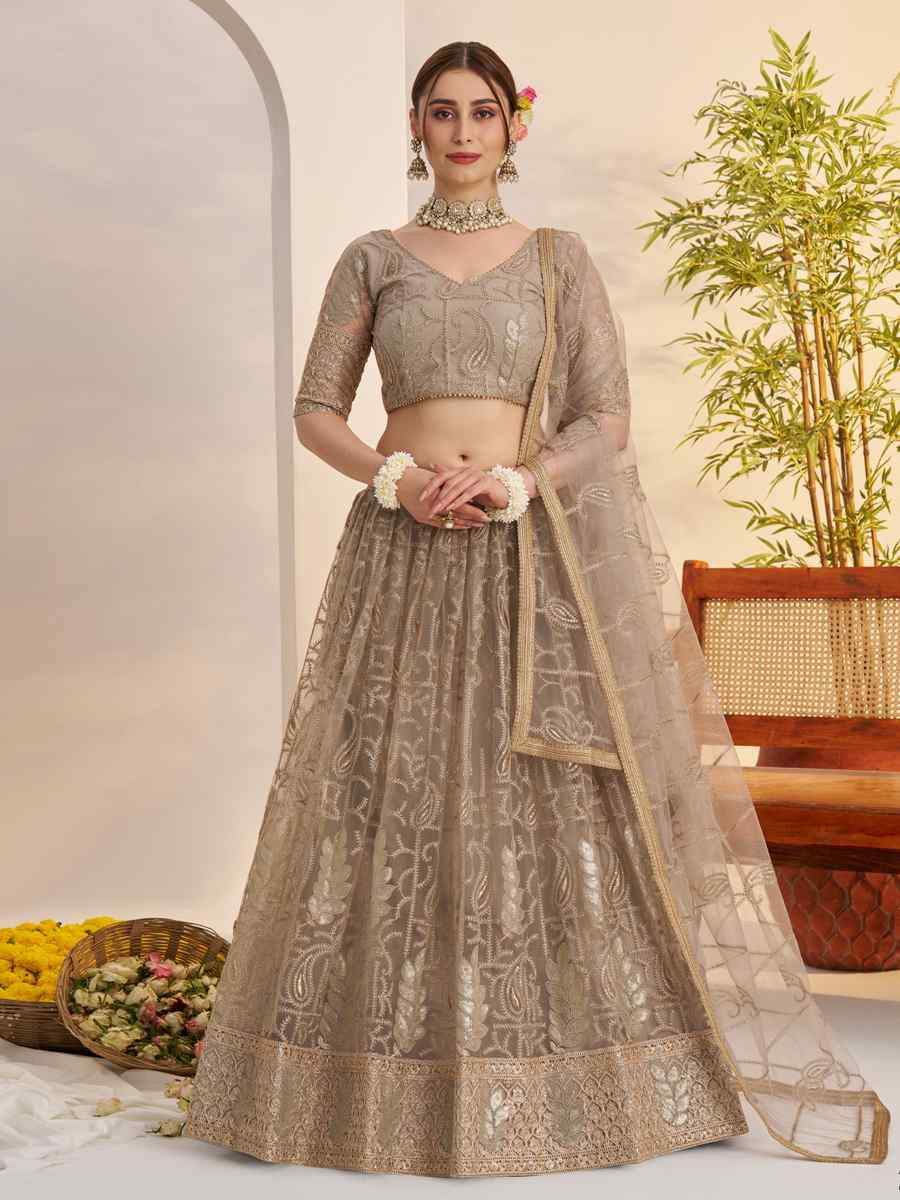 Beige Butterfly Net Embroidered Bridal Wedding Reception Festival Heavy Border Lehenga Choli