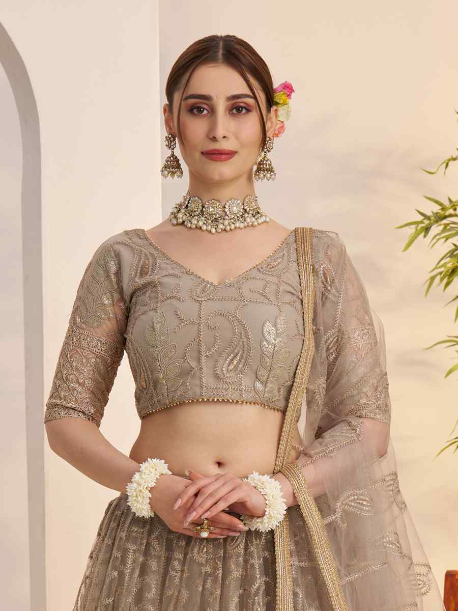 Beige Butterfly Net Embroidered Bridal Wedding Reception Festival Heavy Border Lehenga Choli