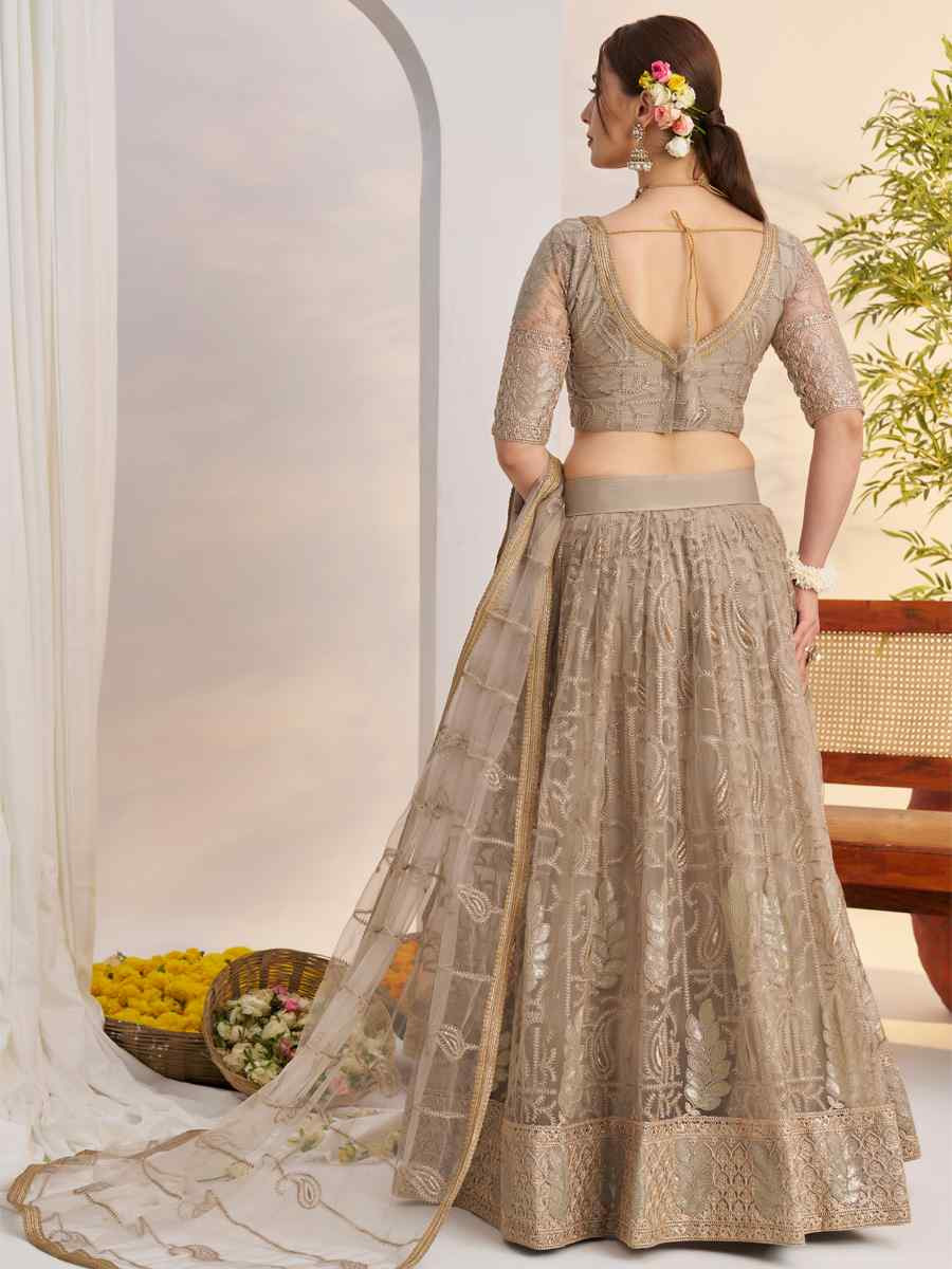 Beige Butterfly Net Embroidered Bridal Wedding Reception Festival Heavy Border Lehenga Choli