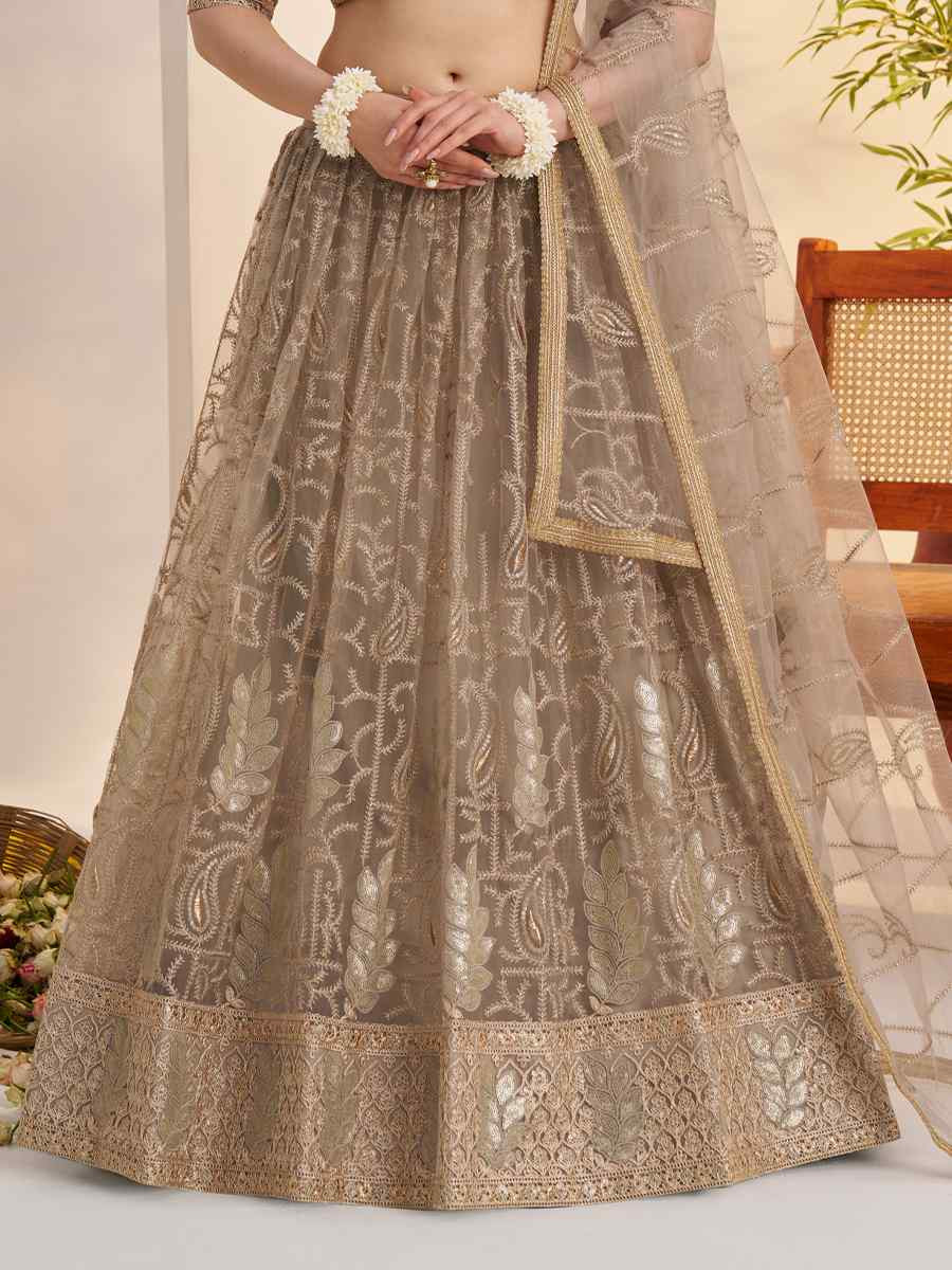 Beige Butterfly Net Embroidered Bridal Wedding Reception Festival Heavy Border Lehenga Choli