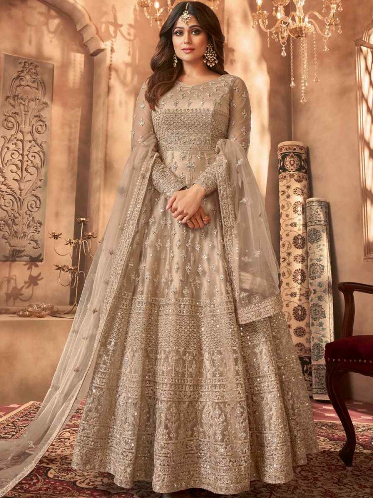 Beige Butterfly Net Embroidered Engagement Party Anarkali Salwar Kameez