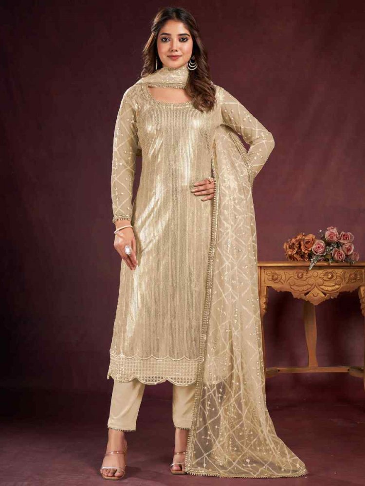 Beige Butterfly Net Embroidered Festival Wedding Pant Salwar Kameez